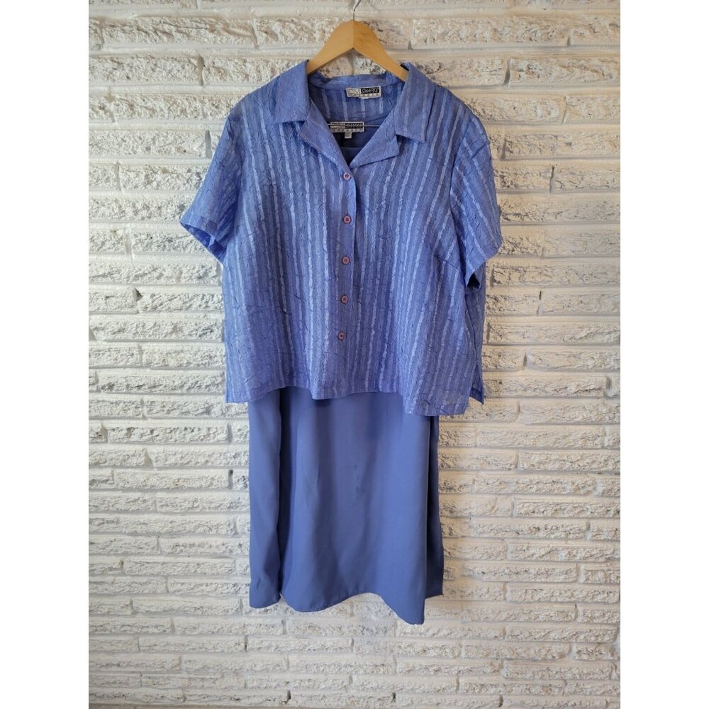CM Shapes 2XWP Womens Blue Crepe Tank Dress Sheer Overlay Knee Slit Shift BLU27E